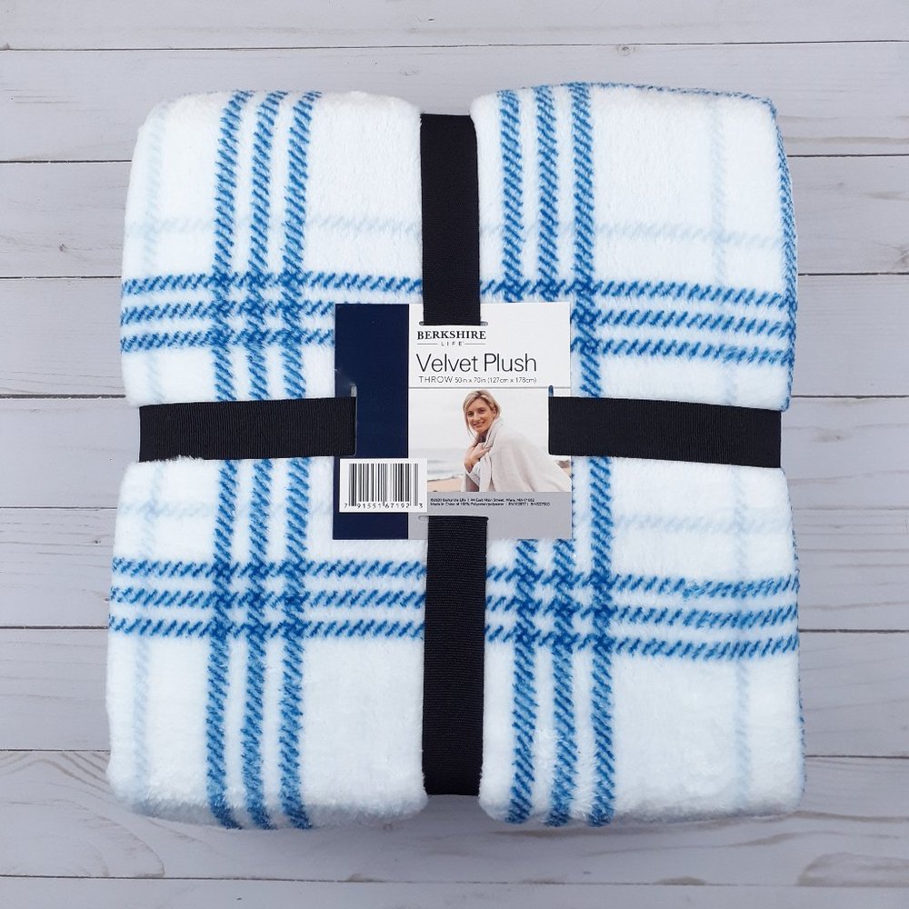 Berkshire Velvet Plush Throw Blanket - White with Blue Plaid